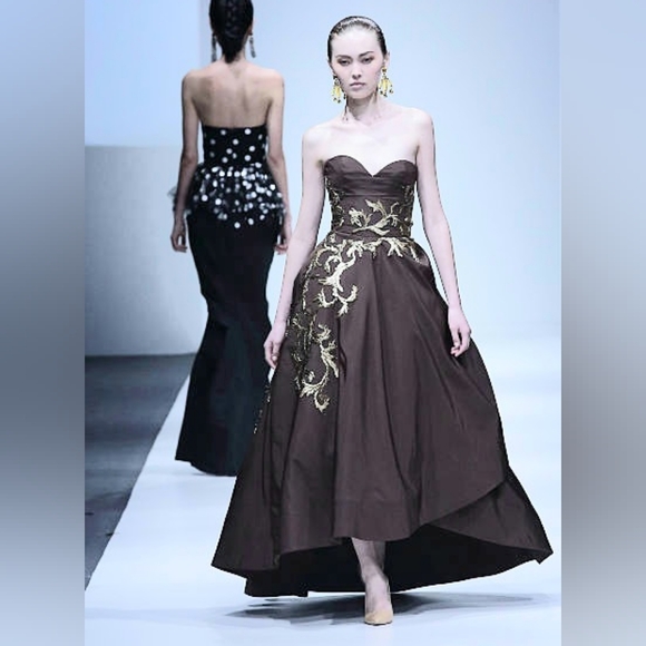 📣5=50%OFF$16,000 OSCAR DE LA RENTA GOLD BEAD EMBROID BROWN SILK RUNWAY GOWN 4 - Picture 1 of 13